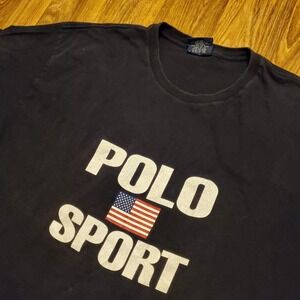 Vintage 90s Polo‎ Sport Ralph Lauren Shirt Men XL Blue Big Spellout USA Flag